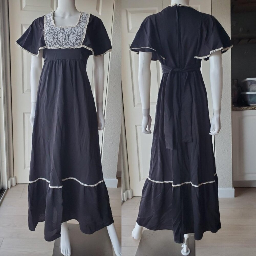 Vintage 70's Black Short Flutter Sleeve A Line Maxi Dress